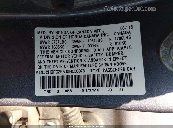 2HGFC2F50GH556073 2016 HONDA CIVIC Gray Engine compartment view