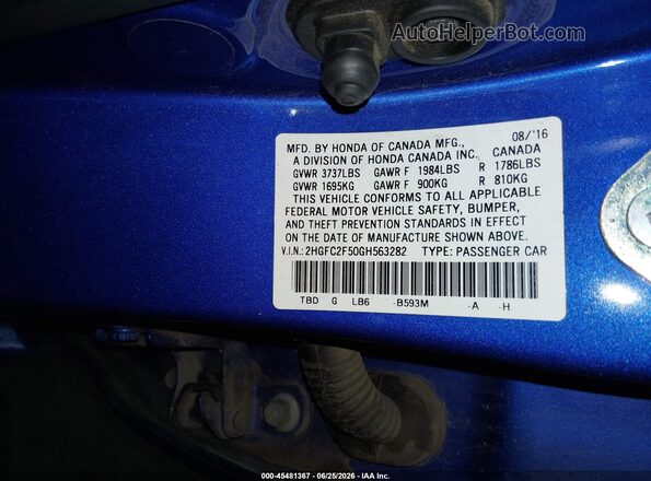 2HGFC2F50GH563282 2016 HONDA CIVIC Blue Engine compartment view