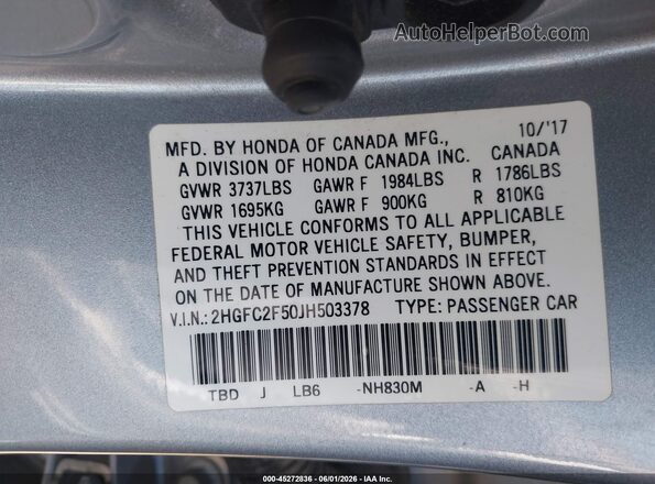 2HGFC2F50JH503378 2018 HONDA CIVIC Silver Vista del compartimento del motor