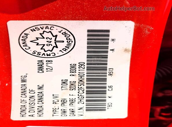2HGFC2F50KH011290 2019 HONDA CIVIC Красный Вид наклейки с VIN-кодом