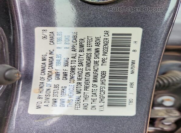 2HGFC2F51JH574069 2018 HONDA CIVIC Gray 