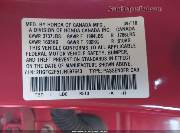 2HGFC2F51JH597643 2018 HONDA CIVIC Red Շարժիչի բաժամունքի տեսք