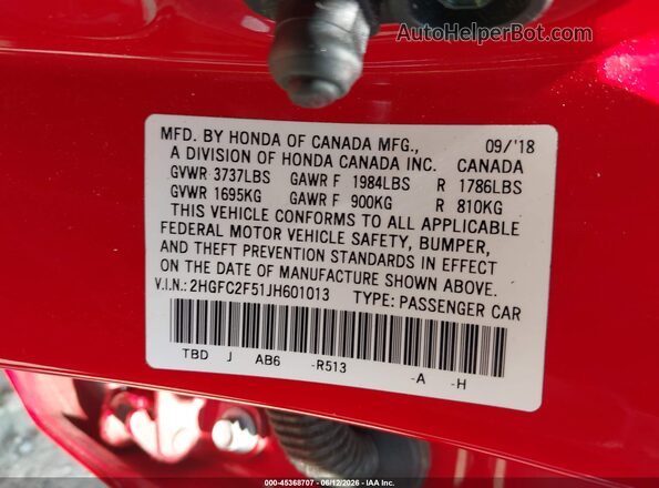 2HGFC2F51JH601013 2018 HONDA CIVIC Red Vista del compartimento del motor