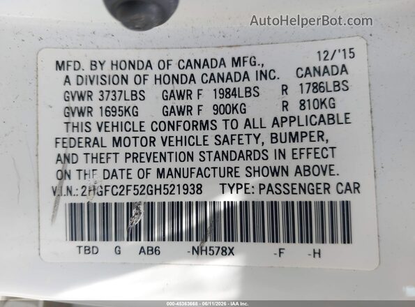 2HGFC2F52GH521938 2016 HONDA CIVIC White Widok komory silnika