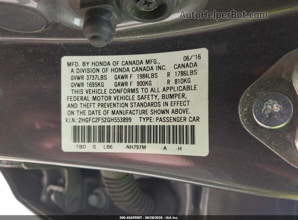 2HGFC2F52GH553899 2016 HONDA CIVIC Серый Вид подкапотного пространства