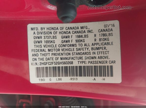 2HGFC2F52GH560268 2016 HONDA CIVIC Red Vista del compartimento del motor