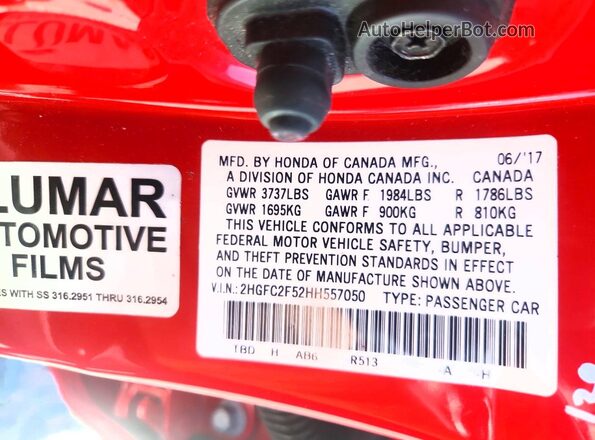 2HGFC2F52HH557050 2017 HONDA CIVIC Red 