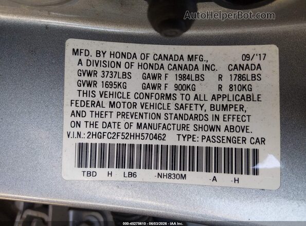 2HGFC2F52HH570462 2017 HONDA CIVIC Silver Vista del compartimento del motor