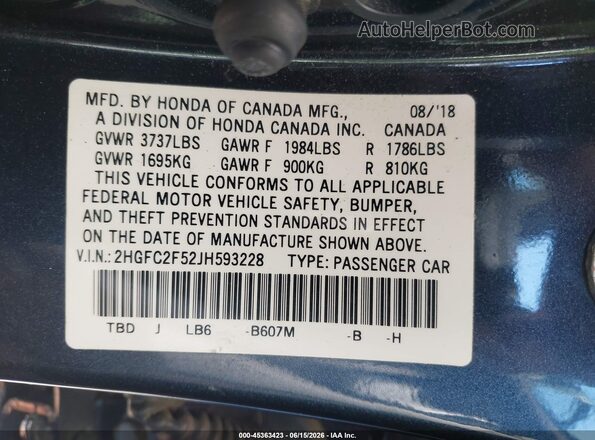 2HGFC2F52JH593228 2018 HONDA CIVIC Gray ძრავის განყოფილების ხედი