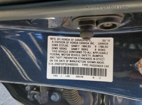 2HGFC2F52JH600355 2018 HONDA CIVIC Синий Вид подкапотного пространства