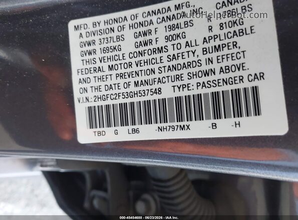 2HGFC2F53GH537548 2016 HONDA CIVIC Gray ძრავის განყოფილების ხედი