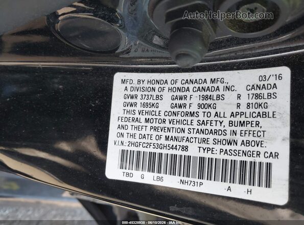 2HGFC2F53GH544788 2016 HONDA CIVIC Black Engine compartment view