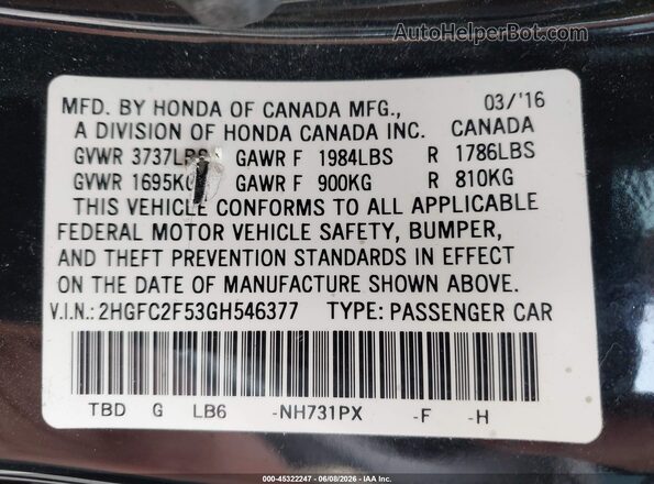 2HGFC2F53GH546377 2016 HONDA CIVIC Black Engine compartment view