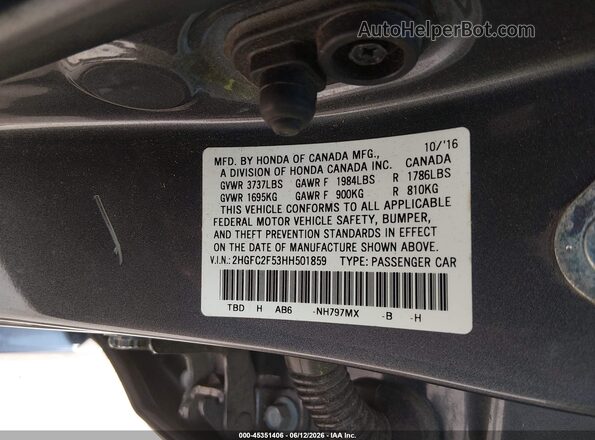 2HGFC2F53HH501859 2017 HONDA CIVIC Gray Engine compartment view