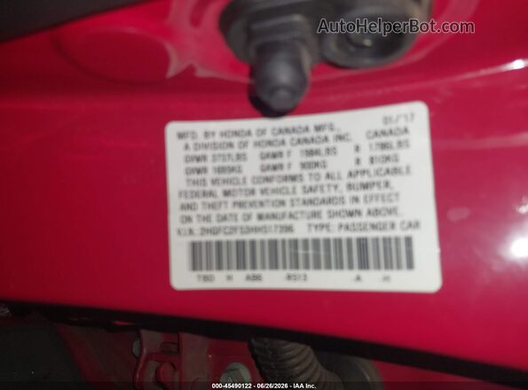 2HGFC2F53HH517396 2017 HONDA CIVIC Red Widok komory silnika