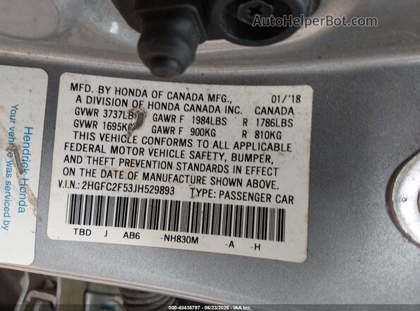 2HGFC2F53JH529893 2018 HONDA CIVIC Silver ძრავის განყოფილების ხედი