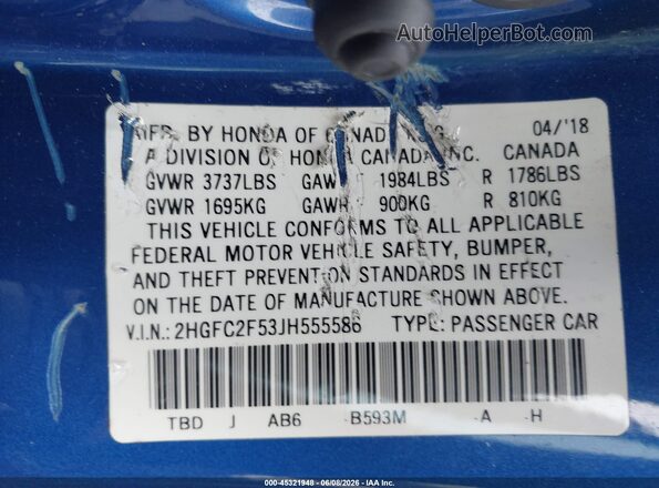 2HGFC2F53JH555586 2018 HONDA CIVIC Blue Շարժիչի բաժամունքի տեսք