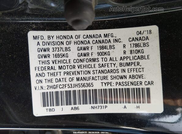 2HGFC2F53JH556365 2018 HONDA CIVIC Black Widok komory silnika