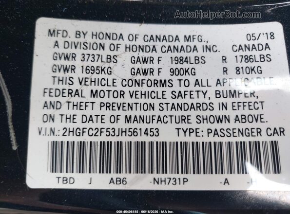 2HGFC2F53JH561453 2018 HONDA CIVIC Black Widok komory silnika