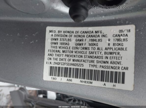 2HGFC2F53JH605225 2018 HONDA CIVIC Silver Вид підкапотного простору