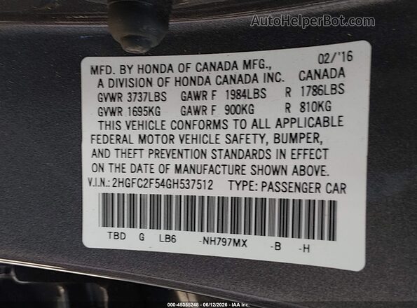 2HGFC2F54GH537512 2016 HONDA CIVIC Gray Widok komory silnika