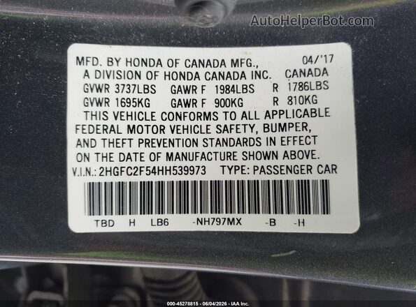 2HGFC2F54HH539973 2017 HONDA CIVIC Gray Widok komory silnika
