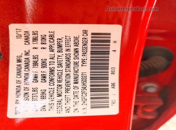 2HGFC2F54JH503271 2018 HONDA CIVIC Red ძრავის განყოფილების ხედი