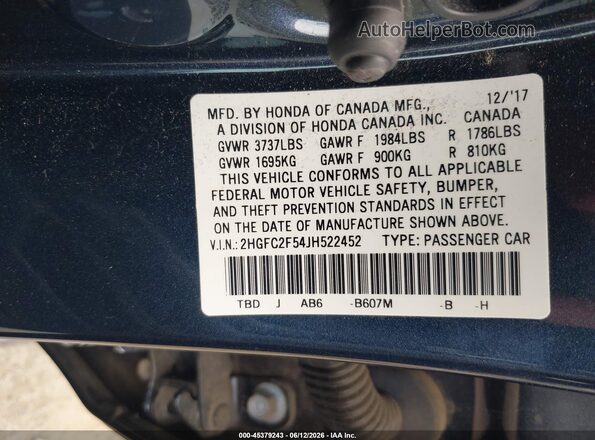 2HGFC2F54JH522452 2018 HONDA CIVIC Gray Engine compartment view