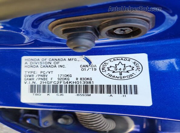 2HGFC2F54KH013981 2019 HONDA CIVIC Blue Engine compartment view