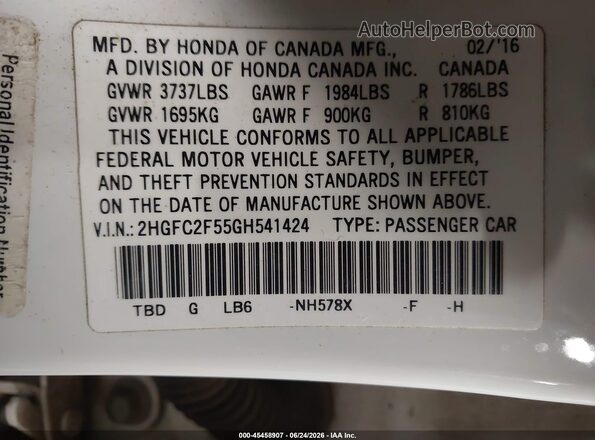 2HGFC2F55GH541424 2016 HONDA CIVIC Белый Вид подкапотного пространства