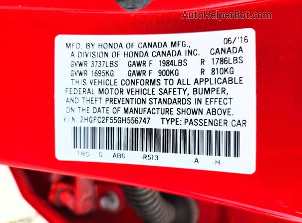 2HGFC2F55GH556747 2016 HONDA CIVIC Red 