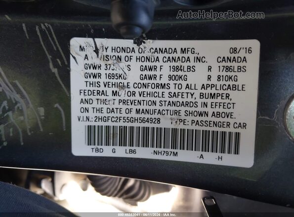 2HGFC2F55GH564928 2016 HONDA CIVIC Gray Вид підкапотного простору