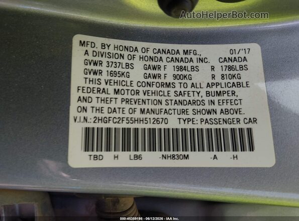 2HGFC2F55HH512670 2017 HONDA CIVIC Silver Widok komory silnika
