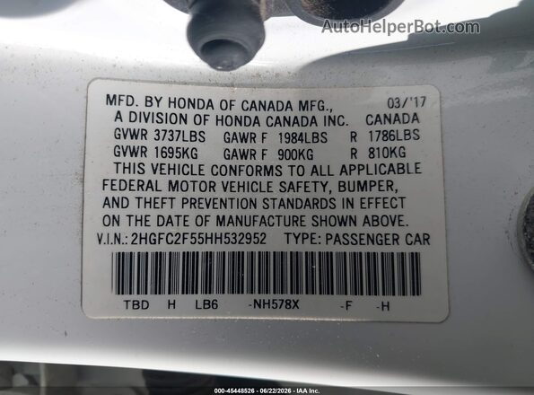 2HGFC2F55HH532952 2017 HONDA CIVIC Белый Вид подкапотного пространства