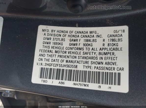 2HGFC2F55JH563558 2018 HONDA CIVIC Серый Вид подкапотного пространства