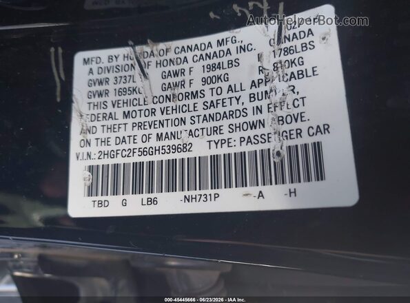 2HGFC2F56GH539682 2016 HONDA CIVIC Black Շարժիչի բաժամունքի տեսք