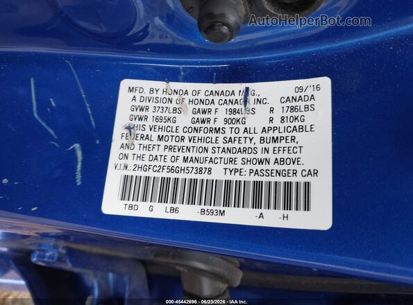 2HGFC2F56GH573878 2016 HONDA CIVIC Blue Շարժիչի բաժամունքի տեսք