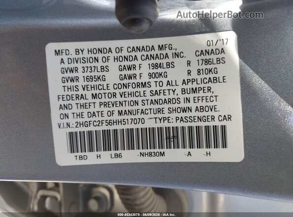 2HGFC2F56HH517070 2017 HONDA CIVIC Silver Vista del compartimento del motor
