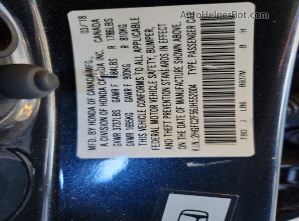 2HGFC2F56JH552004 2018 HONDA CIVIC Blue Vista del compartimento del motor