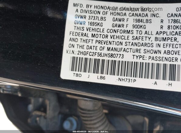 2HGFC2F56JH580773 2018 HONDA CIVIC Black Вид підкапотного простору