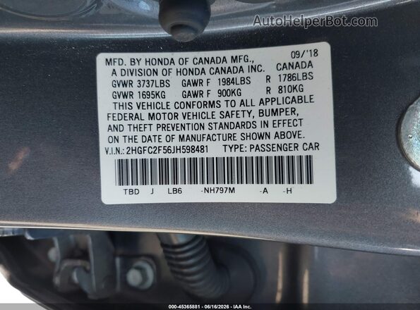 2HGFC2F56JH598481 2018 HONDA CIVIC Gray Շարժիչի բաժամունքի տեսք