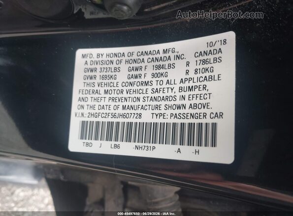 2HGFC2F56JH607728 2018 HONDA CIVIC Черный Вид подкапотного пространства