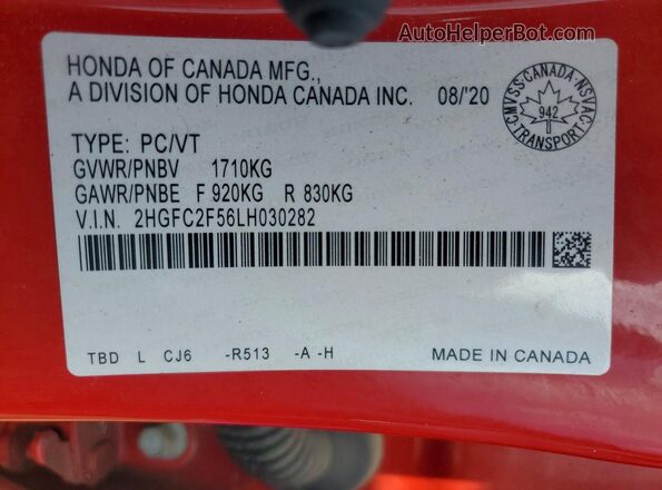 2HGFC2F56LH030282 2020 HONDA CIVIC Red Widok komory silnika