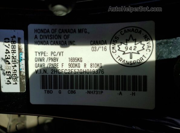 2HGFC2F57GH019376 2016 HONDA CIVIC Black VIN կոդի պիտակի տեսք
