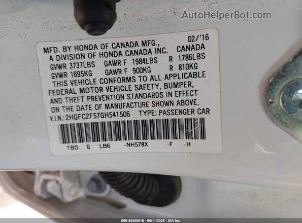 2HGFC2F57GH541506 2016 HONDA CIVIC White ძრავის განყოფილების ხედი