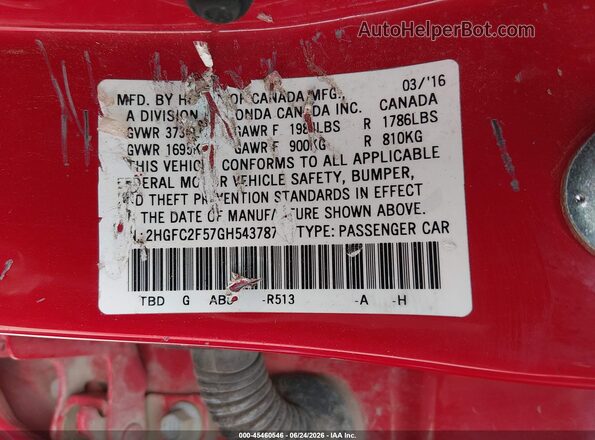 2HGFC2F57GH543787 2016 HONDA CIVIC Red Вид підкапотного простору