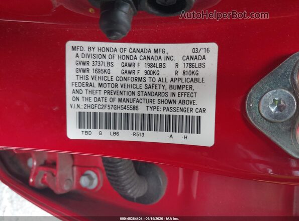 2HGFC2F57GH545586 2016 HONDA CIVIC Красный Вид подкапотного пространства