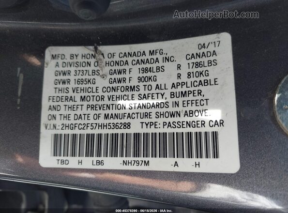 2HGFC2F57HH536288 2017 HONDA CIVIC Серый Вид подкапотного пространства