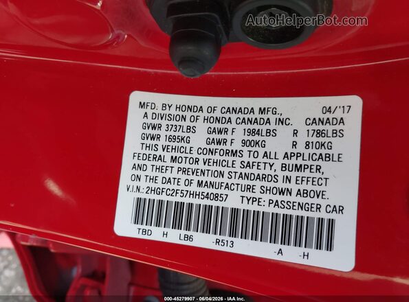 2HGFC2F57HH540857 2017 HONDA CIVIC Red Engine compartment view
