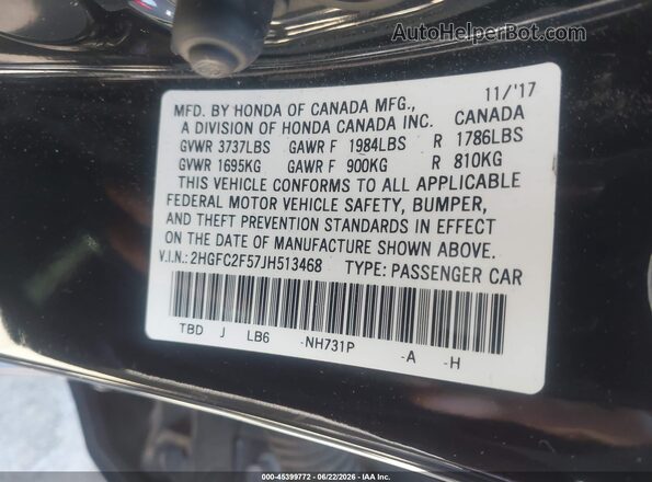 2HGFC2F57JH513468 2018 HONDA CIVIC Black Շարժիչի բաժամունքի տեսք